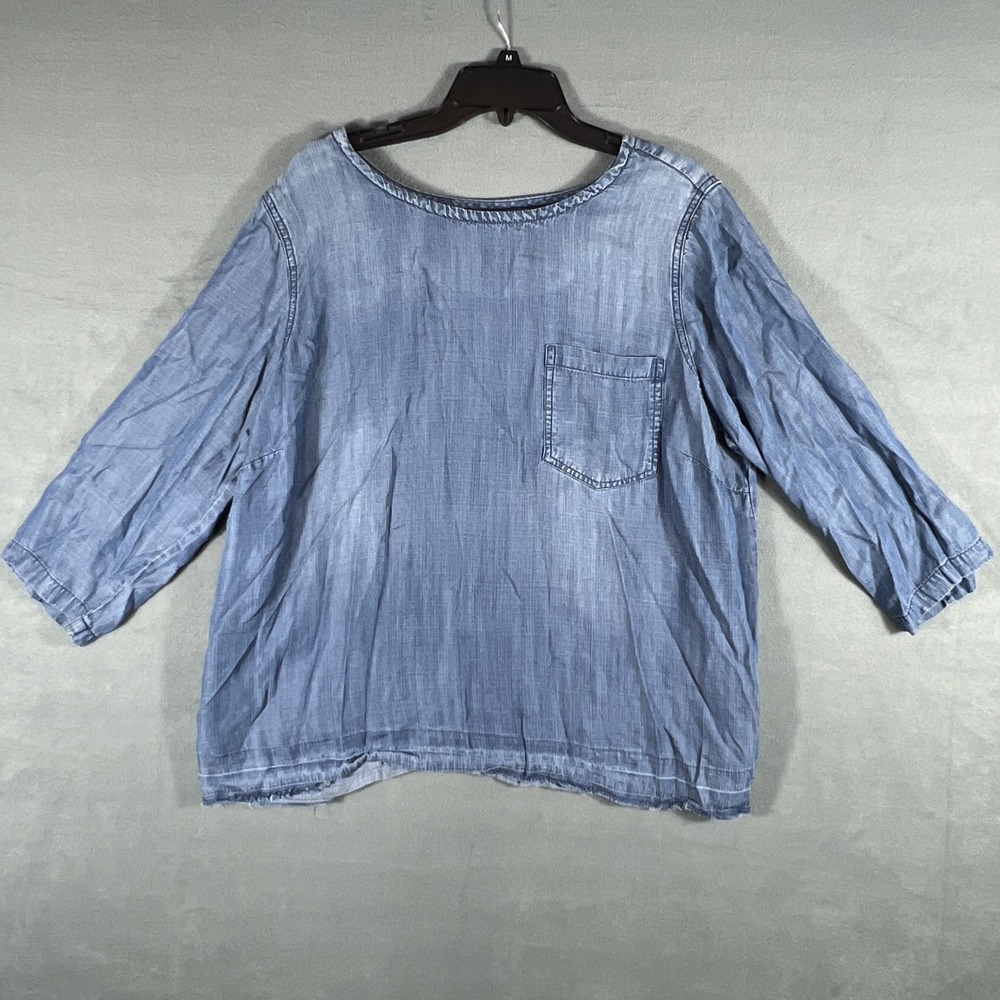 Per Se Women's 1X Plus Size Tencel Lyocell Denim Blue 3/4 Sleeve Pullover Top